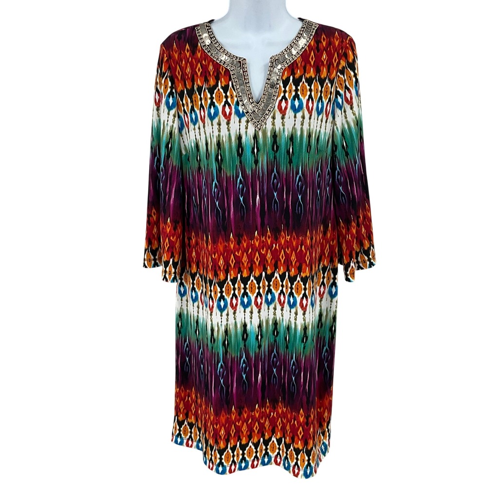 Chico's Shift Dress Women 1 Multicolor Ikat Sequin Embellished Boho Classic Bold